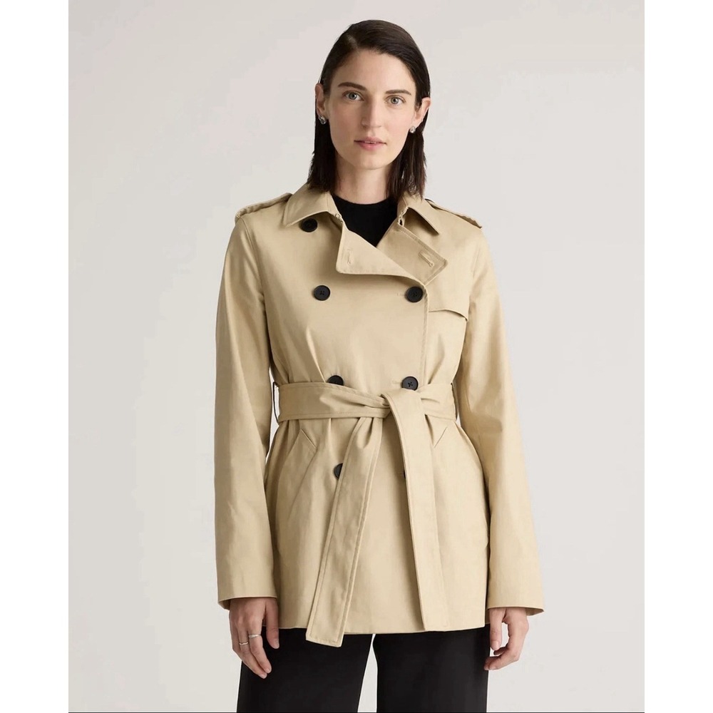 Quince Comfort Stretch Short Trench Coat Womens Large Khaki Tan Belted Cotton - Picture 14 of 14